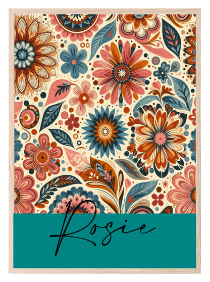 Personalised Floral Name Print | Retro Wall Art Turquoise