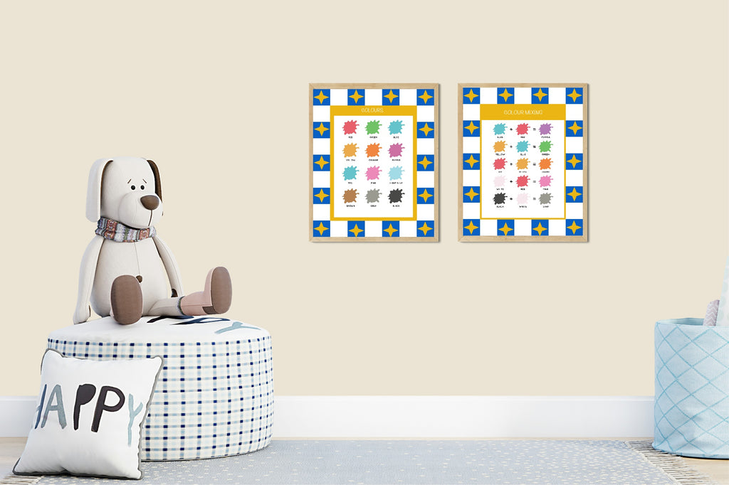 Two educational posters on a wall with a stuffed dog toy and decorative items below.