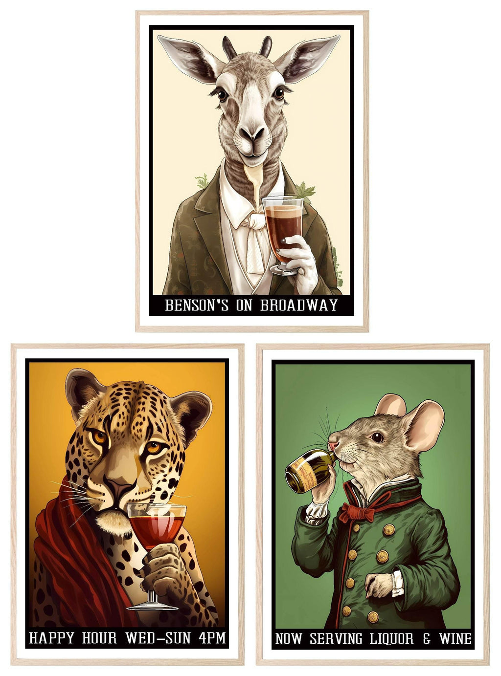 Anthropomorphism Bar Collection Prints | Vintage Style Wall Art | Mouse | Tiger | Zebra - Larosier Prints