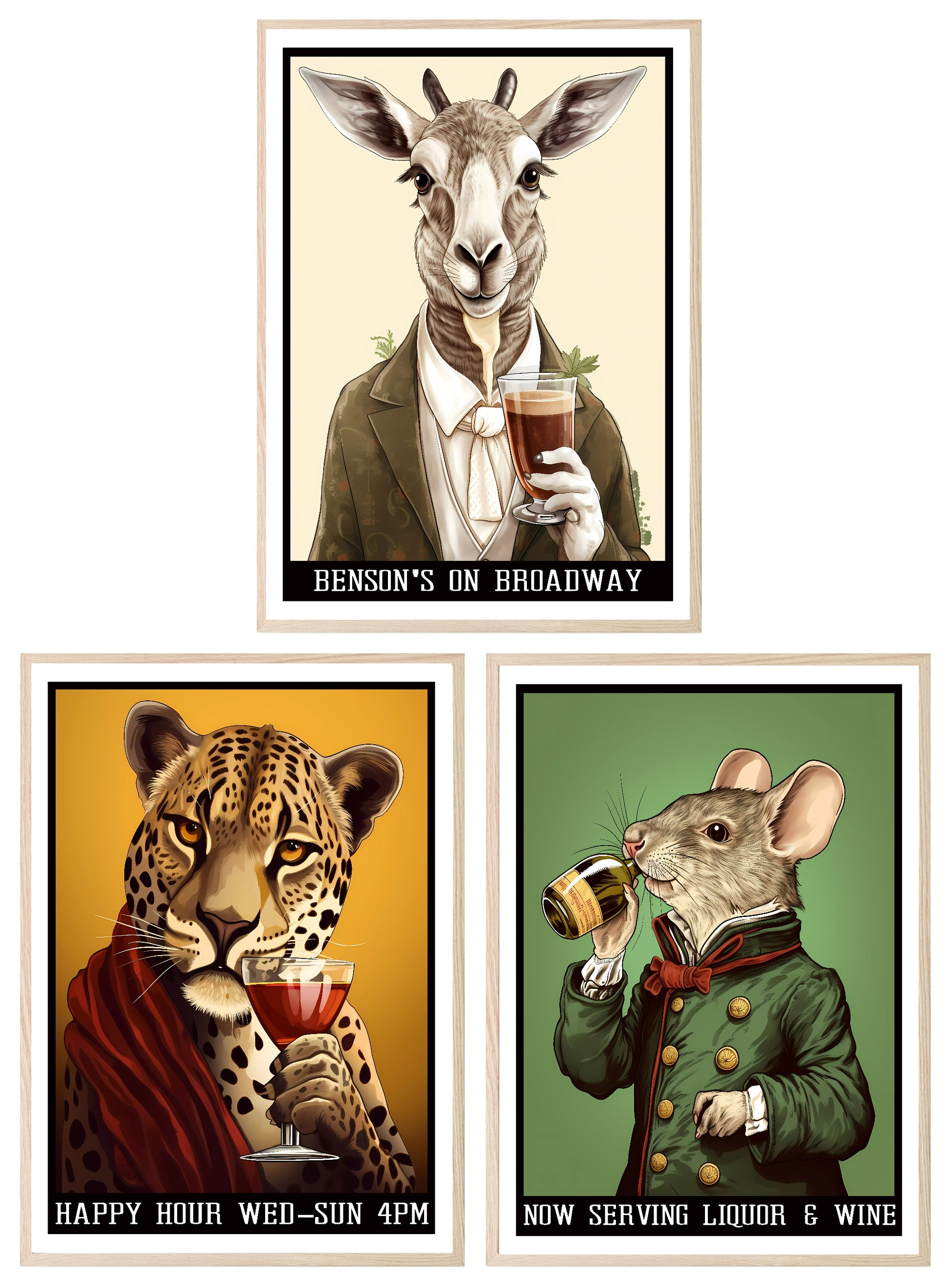 Anthropomorphism Bar Collection Prints | Vintage Style Wall Art | Mouse | Tiger | Zebra