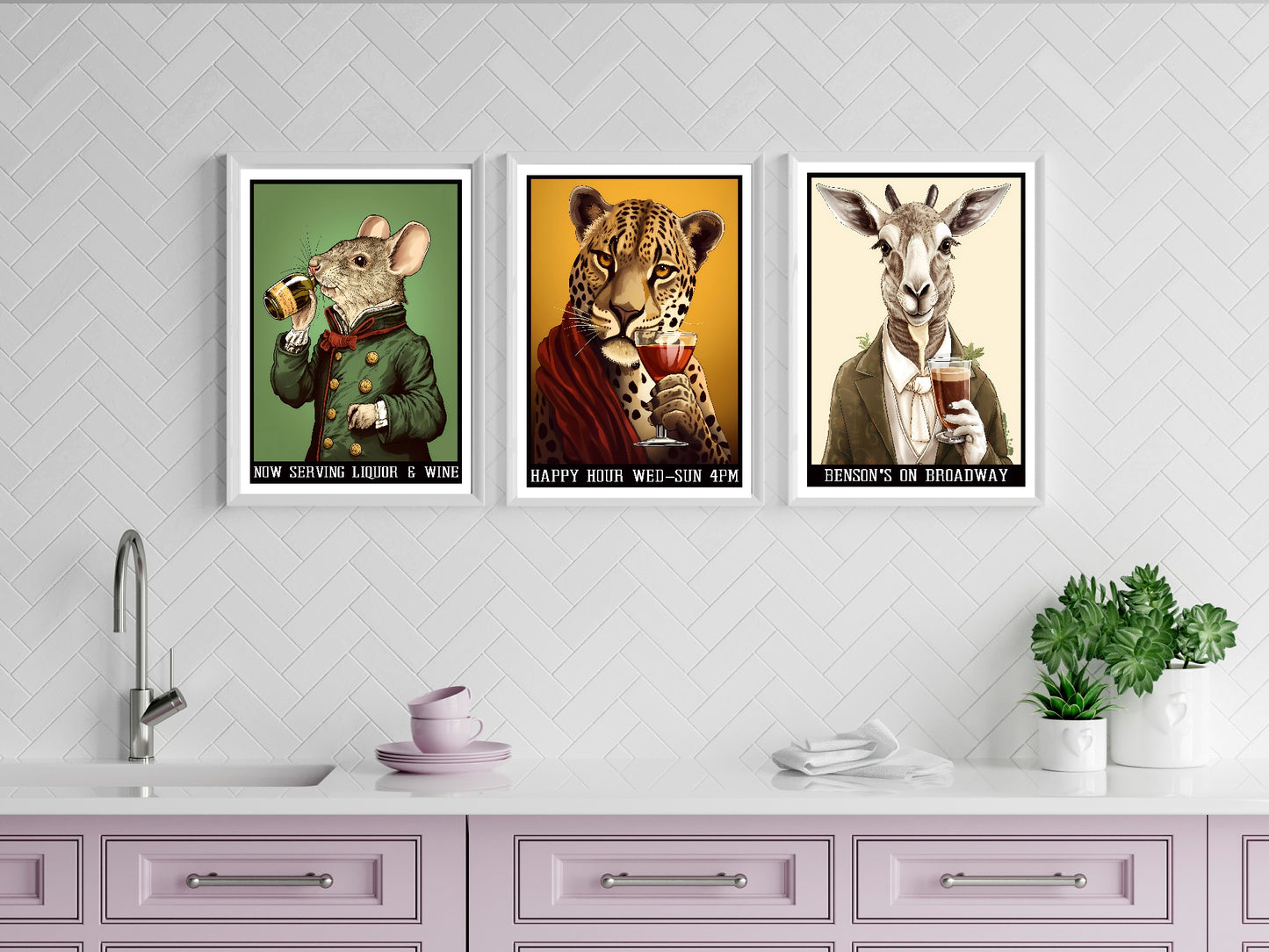 Anthropomorphism Bar Collection Prints | Vintage Style Wall Art | Mouse | Tiger | Zebra