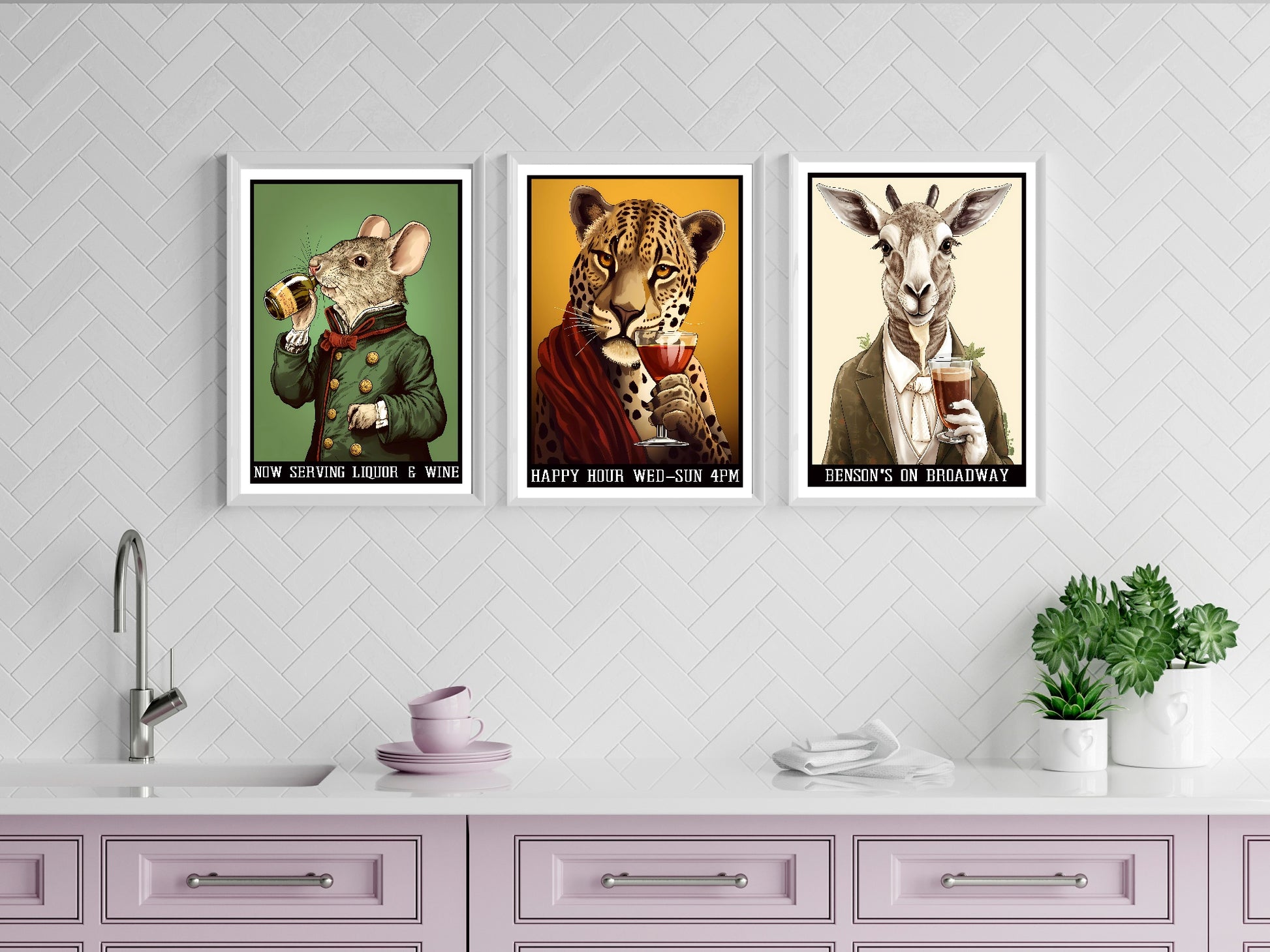 Anthropomorphism Bar Collection Prints | Vintage Style Wall Art | Mouse | Tiger | Zebra