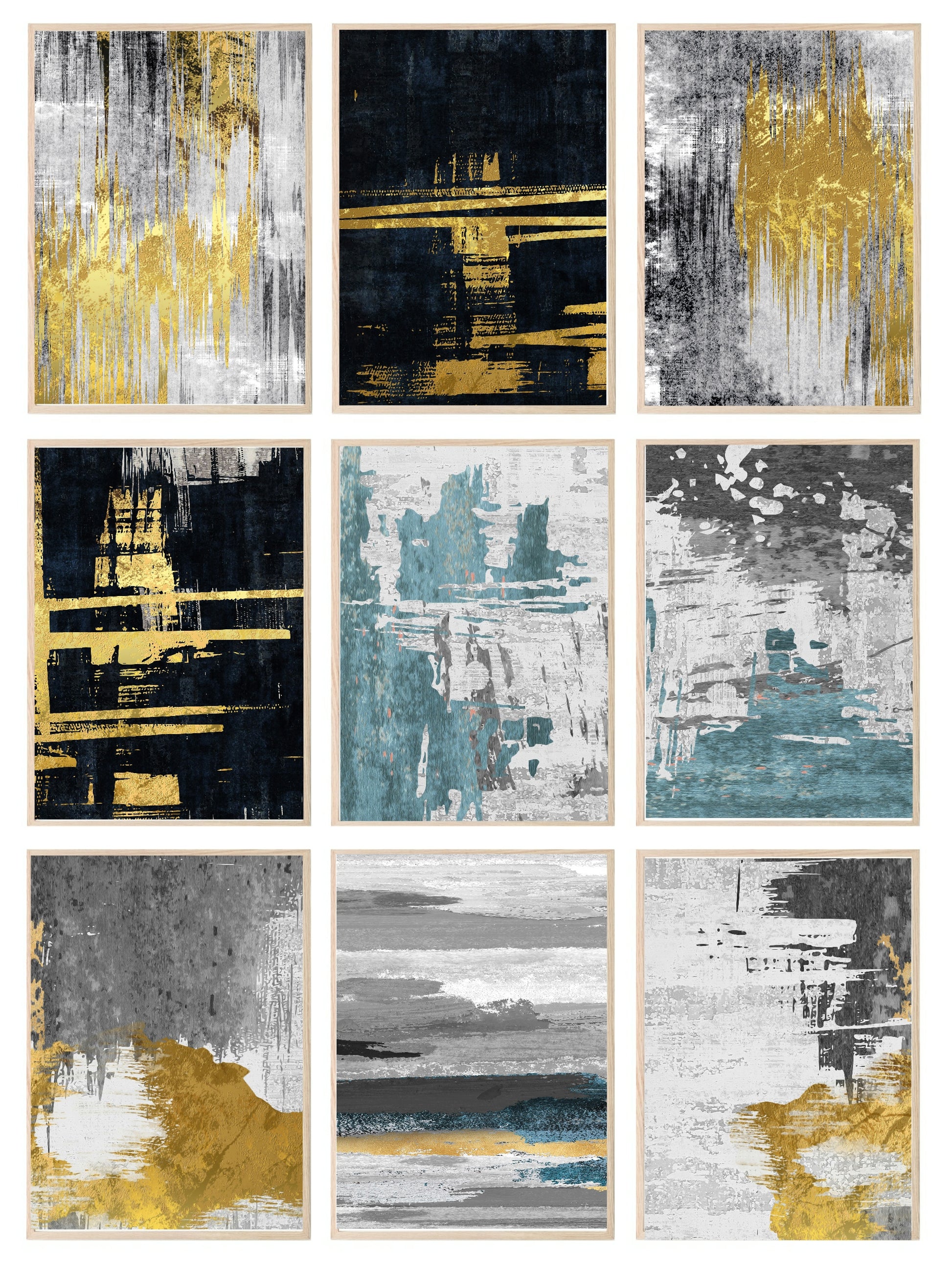 Charcoal, Gold & Blue Abstract Print Collection | Warm & Cosy Wall Art