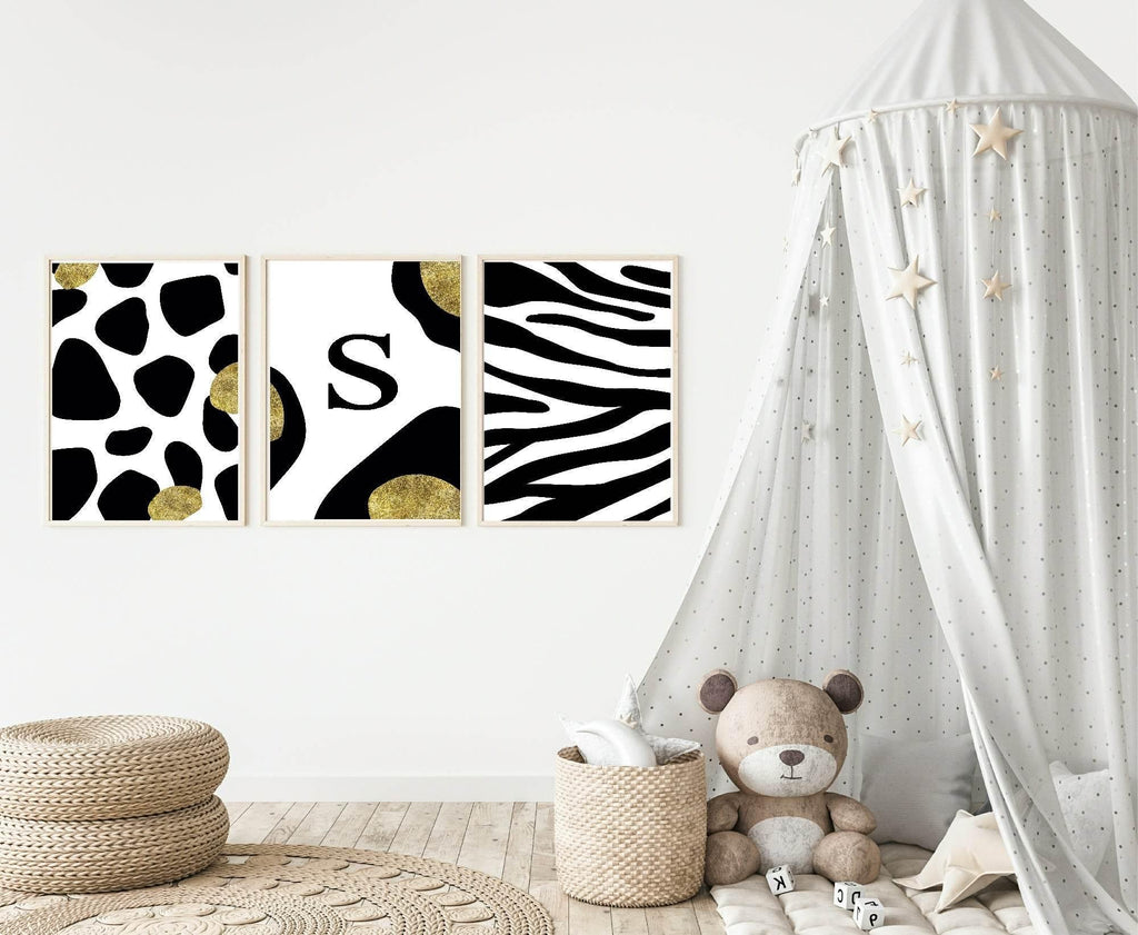 Personalised Set Of 3 Animalistic Prints | Black & Gold Zebra Wall Art - Larosier Prints