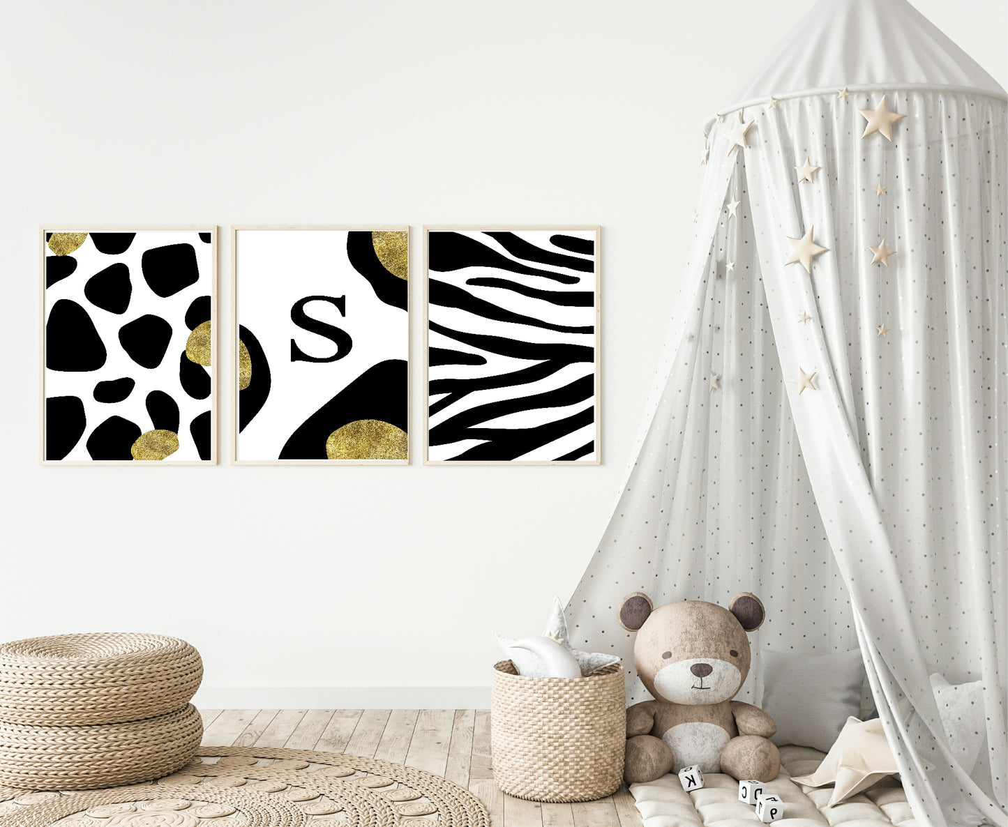 Personalised Set Of 3 Animalistic Prints | Black & Gold Zebra Wall Art