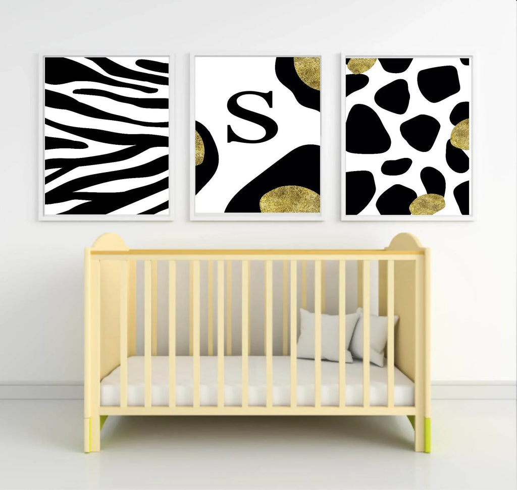 Personalised Set Of 3 Animalistic Prints | Black & Gold Zebra Wall Art - Larosier Prints