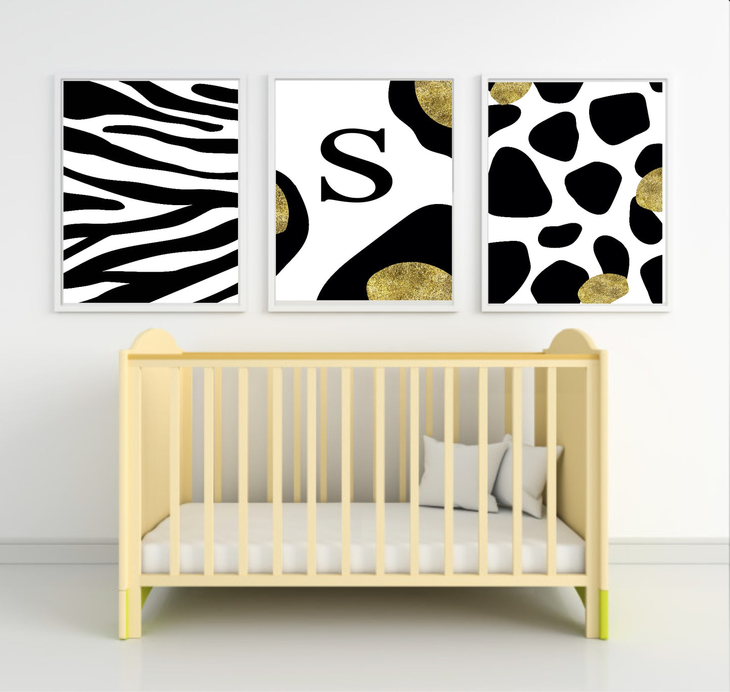 Personalised Set Of 3 Animalistic Prints | Black & Gold Zebra Wall Art