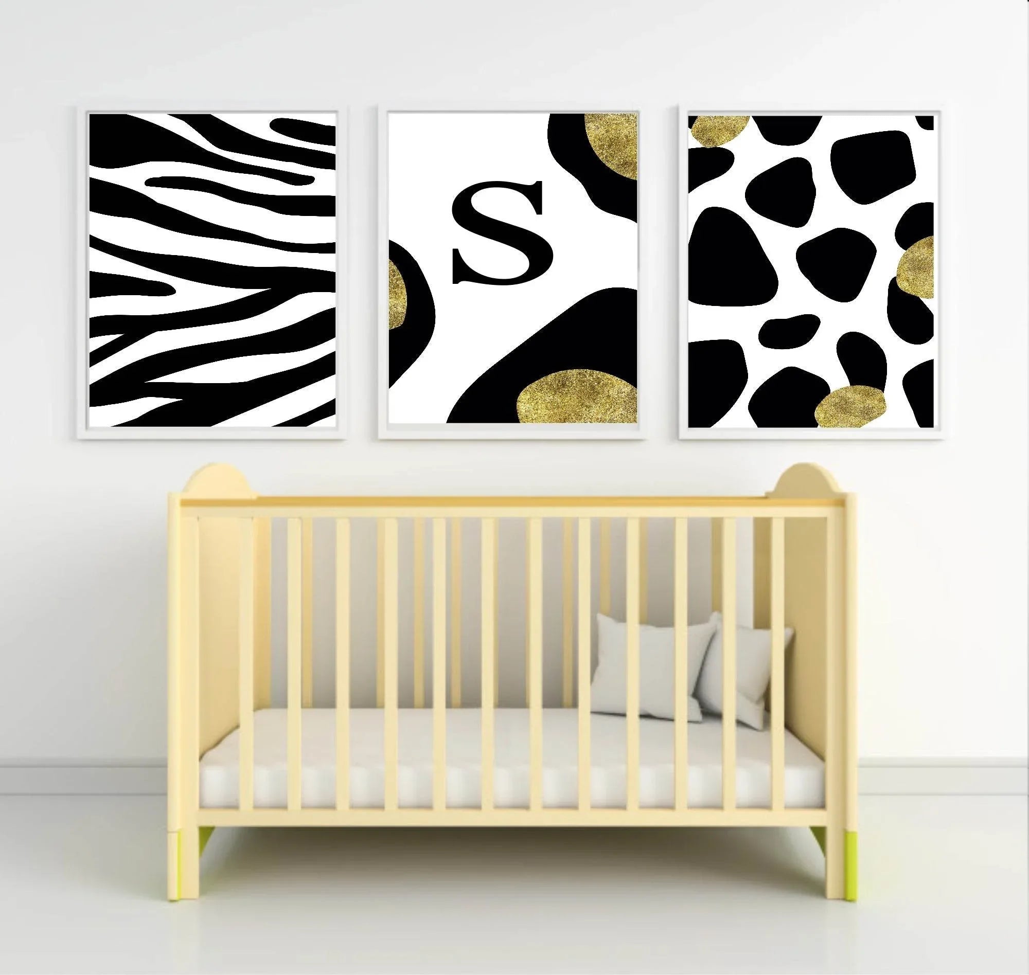 Personalised Set Of 3 Animalistic Prints | Black & Gold Zebra Wall Art - Larosier Prints