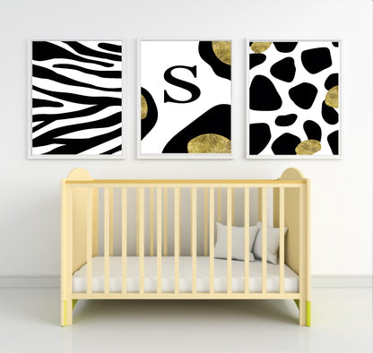 Personalised Set Of 3 Animalistic Prints | Black & Gold Zebra Wall Art