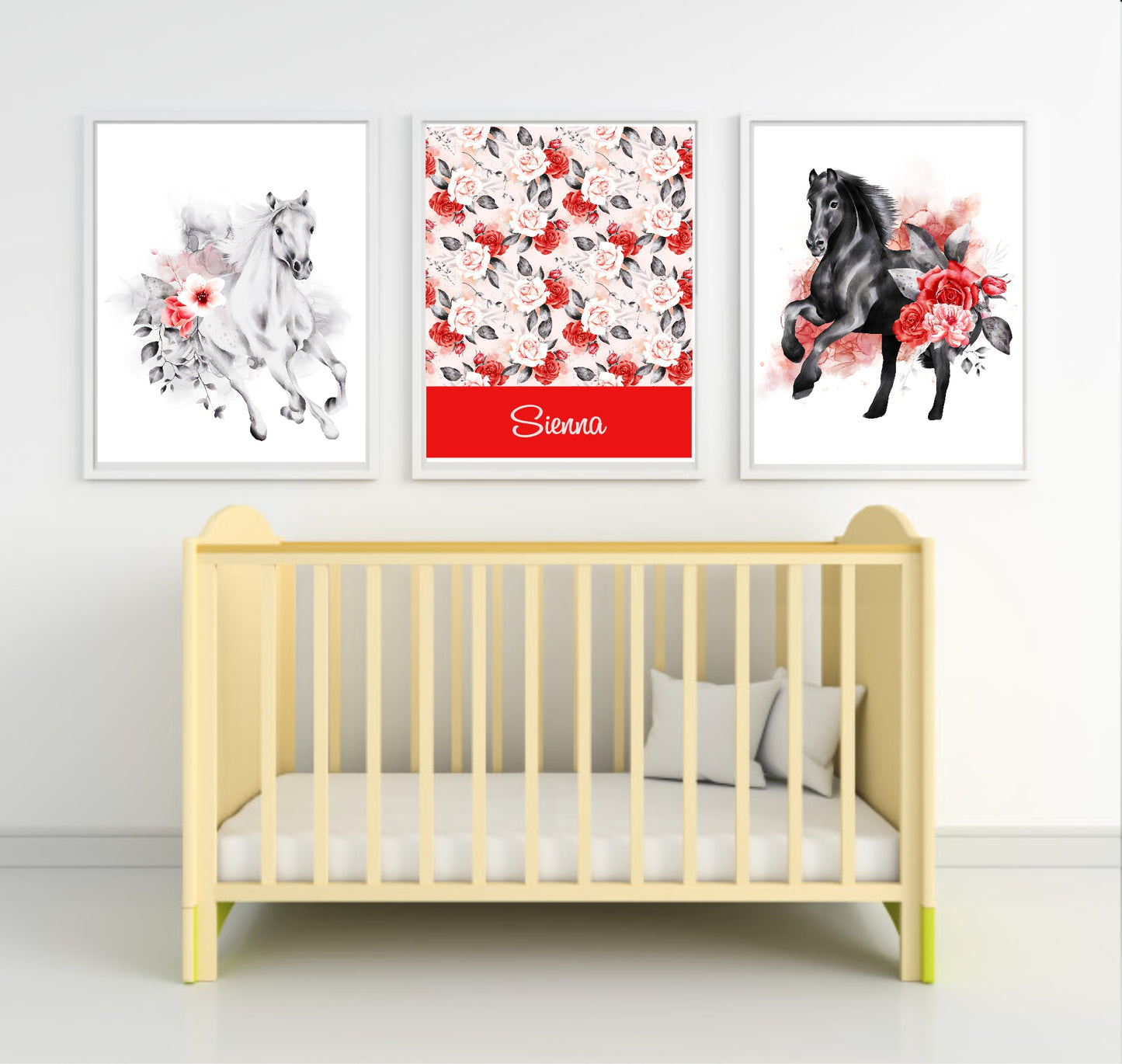 Personalised Set Of 3 Fairy Tale Horse Prints | Floral Whimsical Name Wall Art