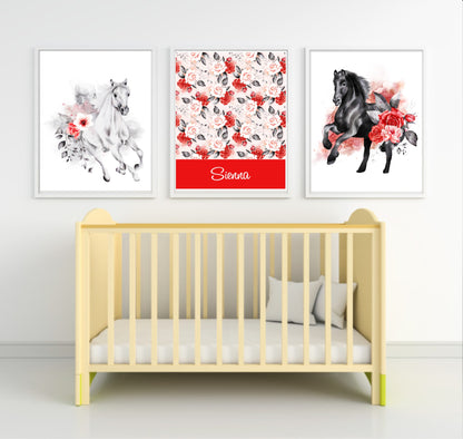 Personalised Set Of 3 Fairy Tale Horse Prints | Floral Whimsical Name Wall Art