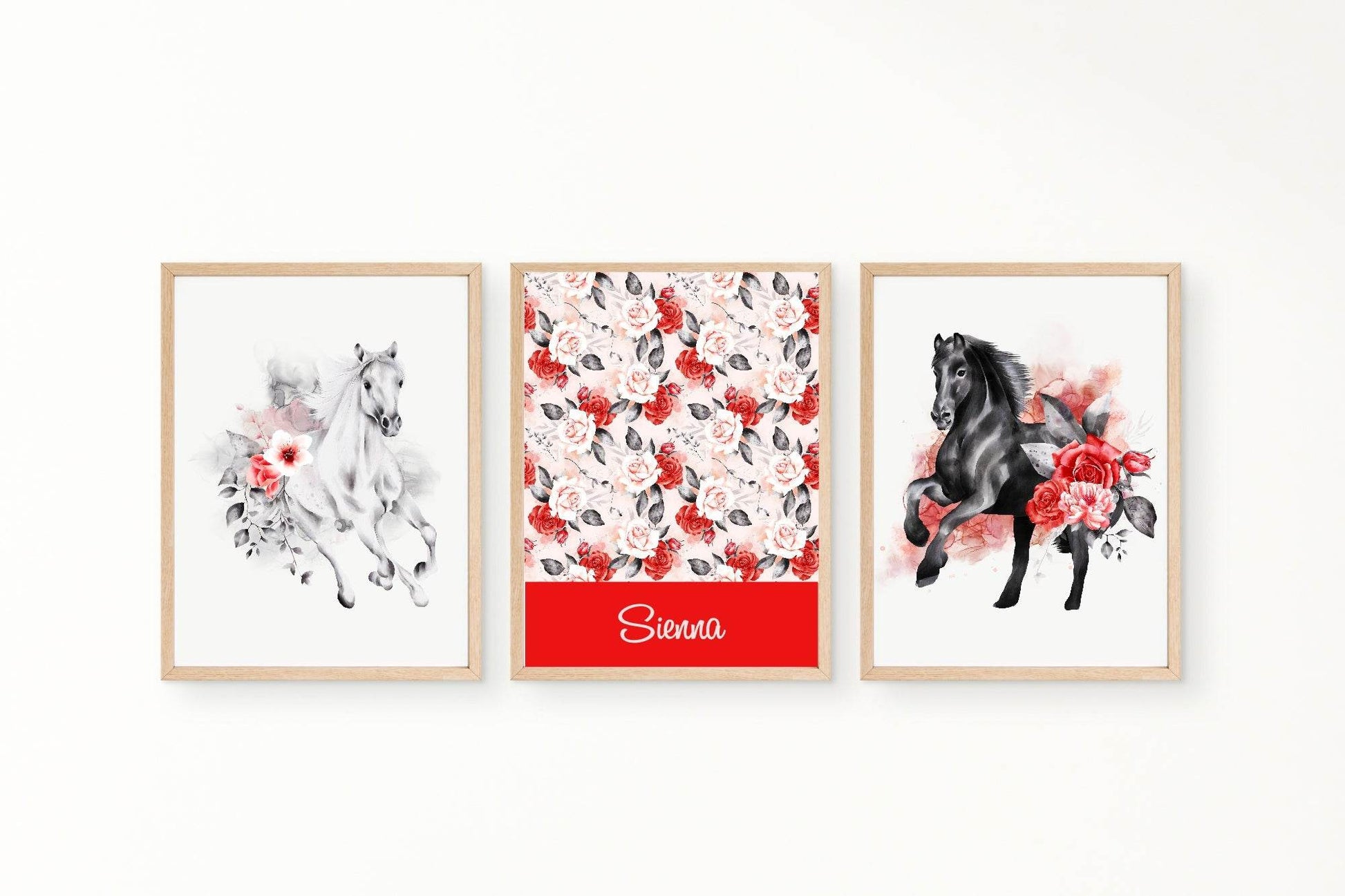 Personalised Set Of 3 Fairy Tale Horse Prints | Floral Whimsical Name Wall Art