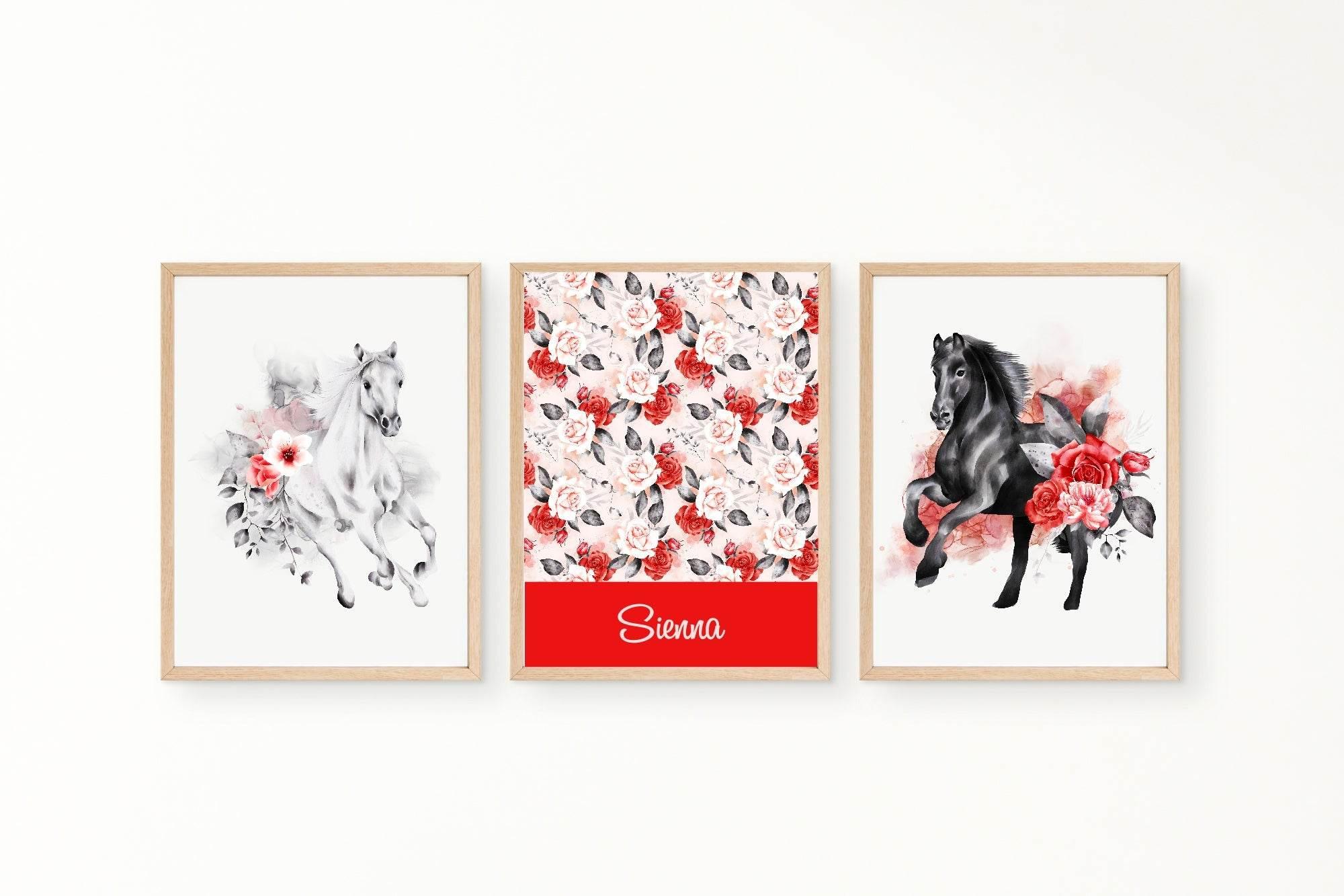 Personalised Set Of 3 Fairy Tale Horse Prints | Floral Whimsical Name Wall Art - Larosier Prints