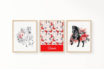 Personalised Set Of 3 Fairy Tale Horse Prints | Floral Whimsical Name Wall Art