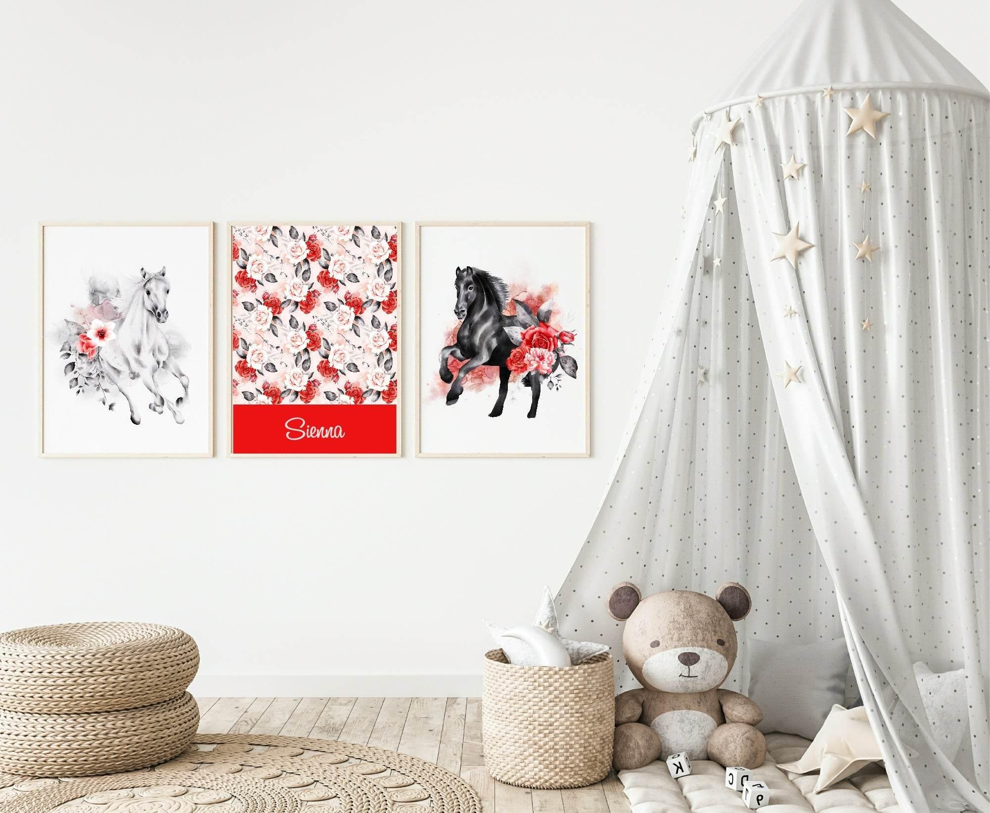 Personalised Set Of 3 Fairy Tale Horse Prints | Floral Whimsical Name Wall Art - Larosier Prints