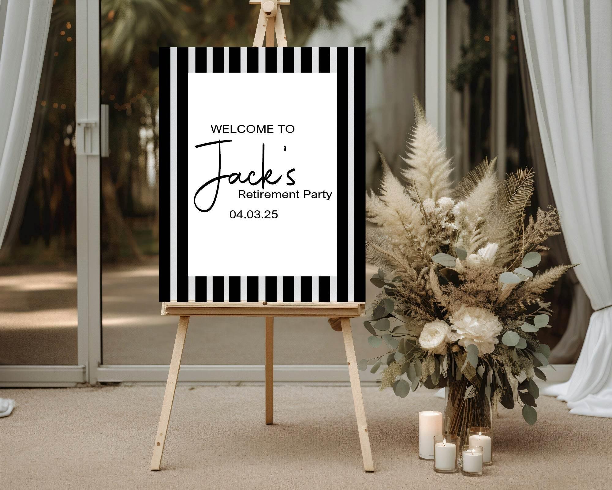 Black & White Stripe Welcome Retirement Party Sign - Larosier Prints