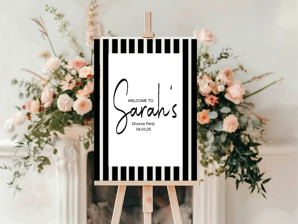 Black & White Stripe Welcome Divorce Party Sign - Larosier Prints