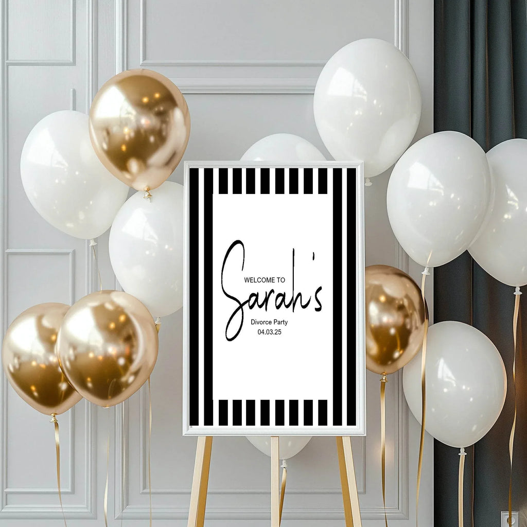 Black & White Stripe Welcome Divorce Party Sign - Larosier Prints