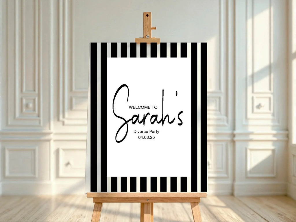 Black & White Stripe Welcome Divorce Party Sign - Larosier Prints
