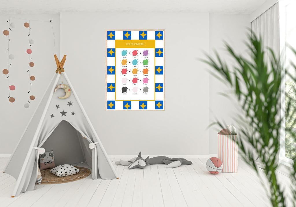Blue Checked & Stars Colour Mixing Poster | Educational Wall Art
