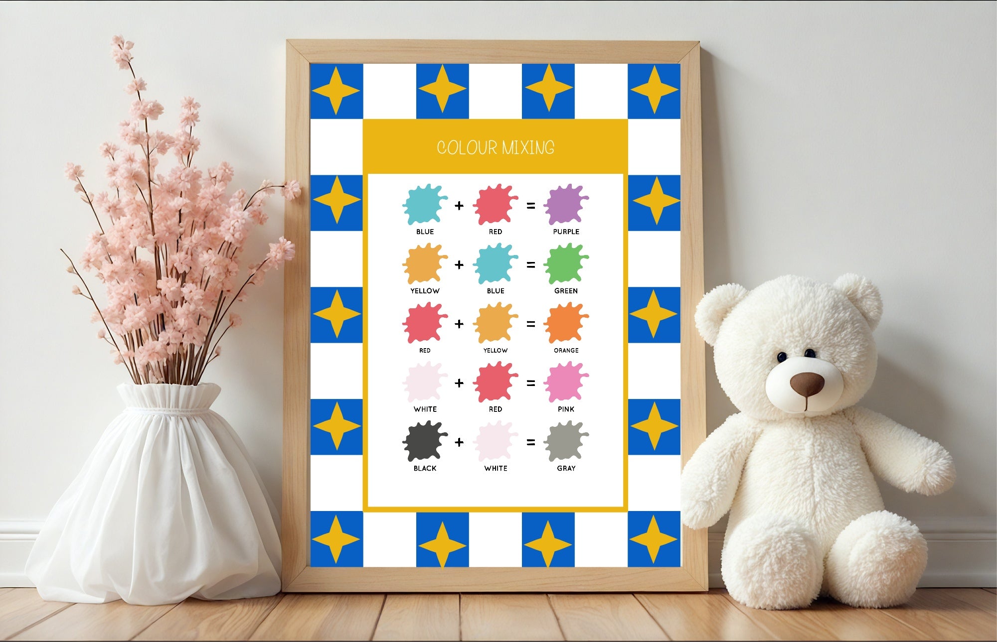 Blue Checked & Stars Colour Mixing Poster | Educational Wall Art