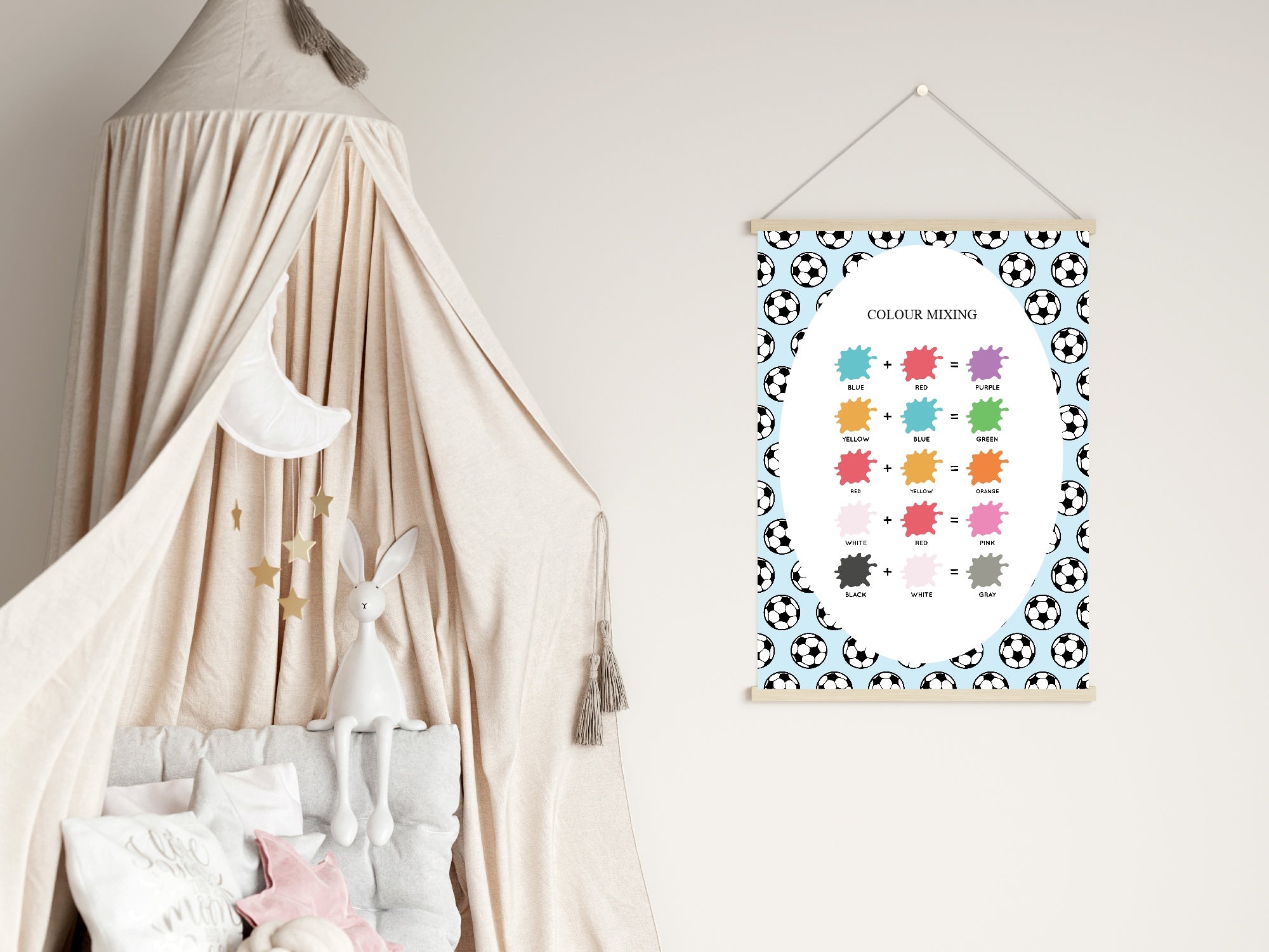 Color mixing chart hanging on a wall next to a crib with canopy