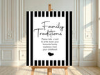 Black & White Stripe custom baby shower party sign example: Black and White Stripe Family Traditions Baby Shower Party Sign