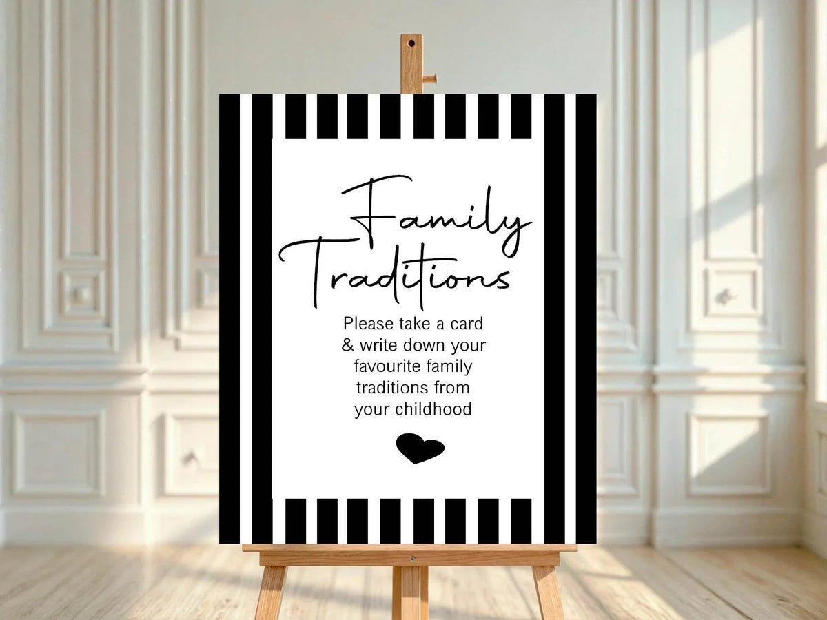 Black & White Stripe custom baby shower party sign example: Black and White Stripe Family Traditions Baby Shower Party Sign
