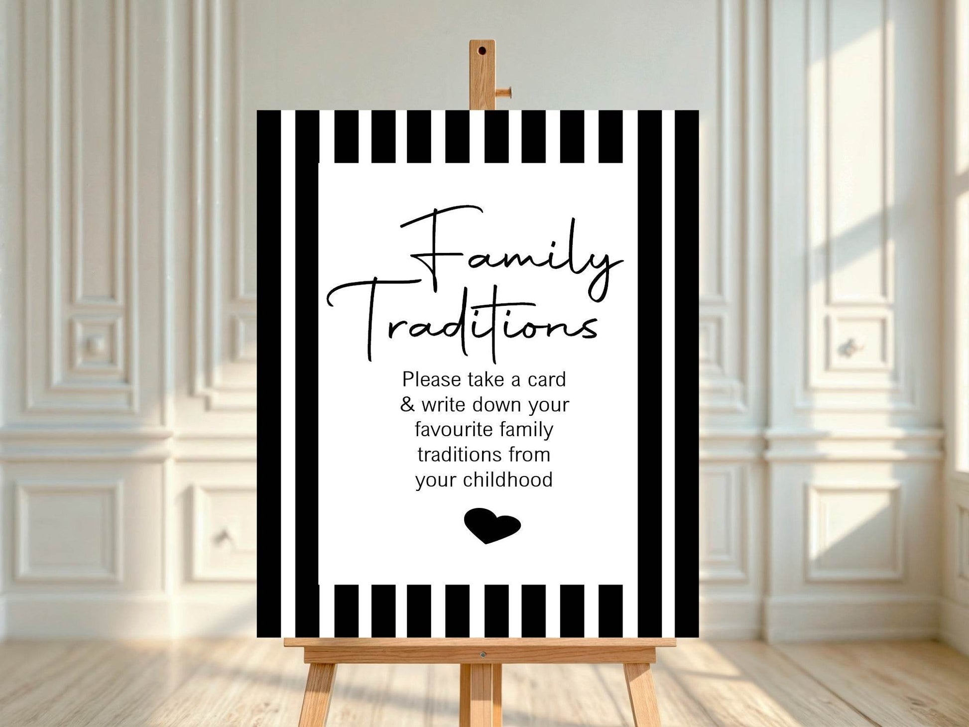 Black and White Stripe Family Traditions Baby Shower Party Sign