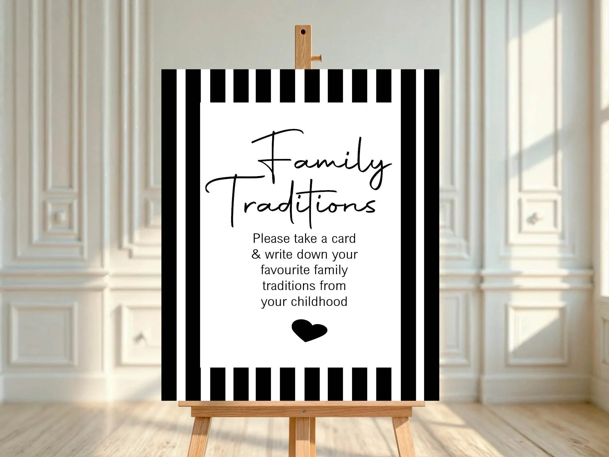 Black and White Stripe Family Traditions Baby Shower Party Sign - Larosier Prints