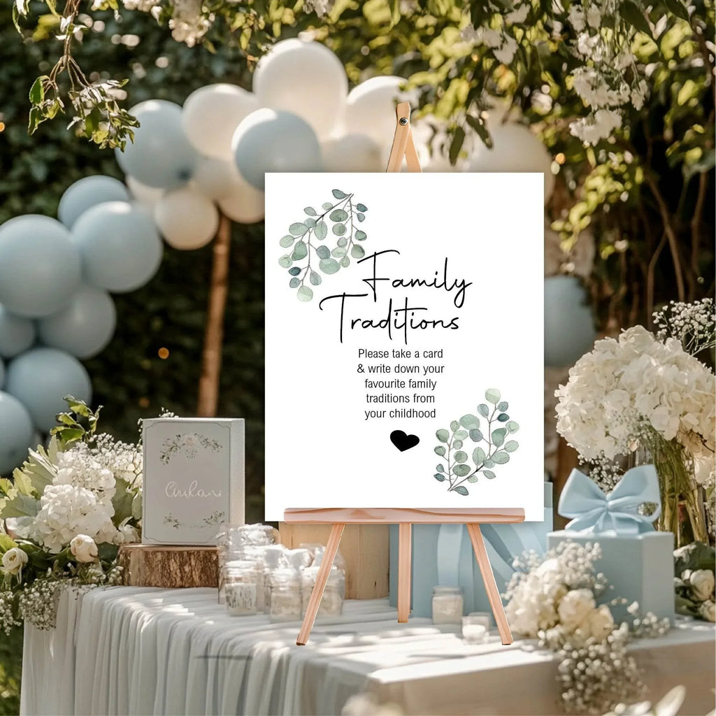 Eucalyptus Family Traditions Baby Shower Party Sign - Larosier Prints