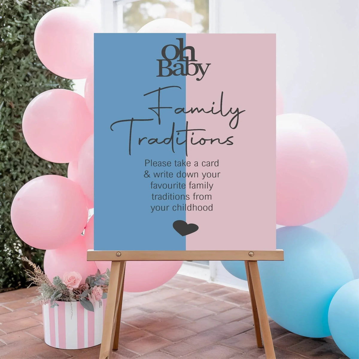 Oh Baby custom baby shower party sign example: Oh Baby Family Traditions Baby Shower Party Sign | Blue & Pink