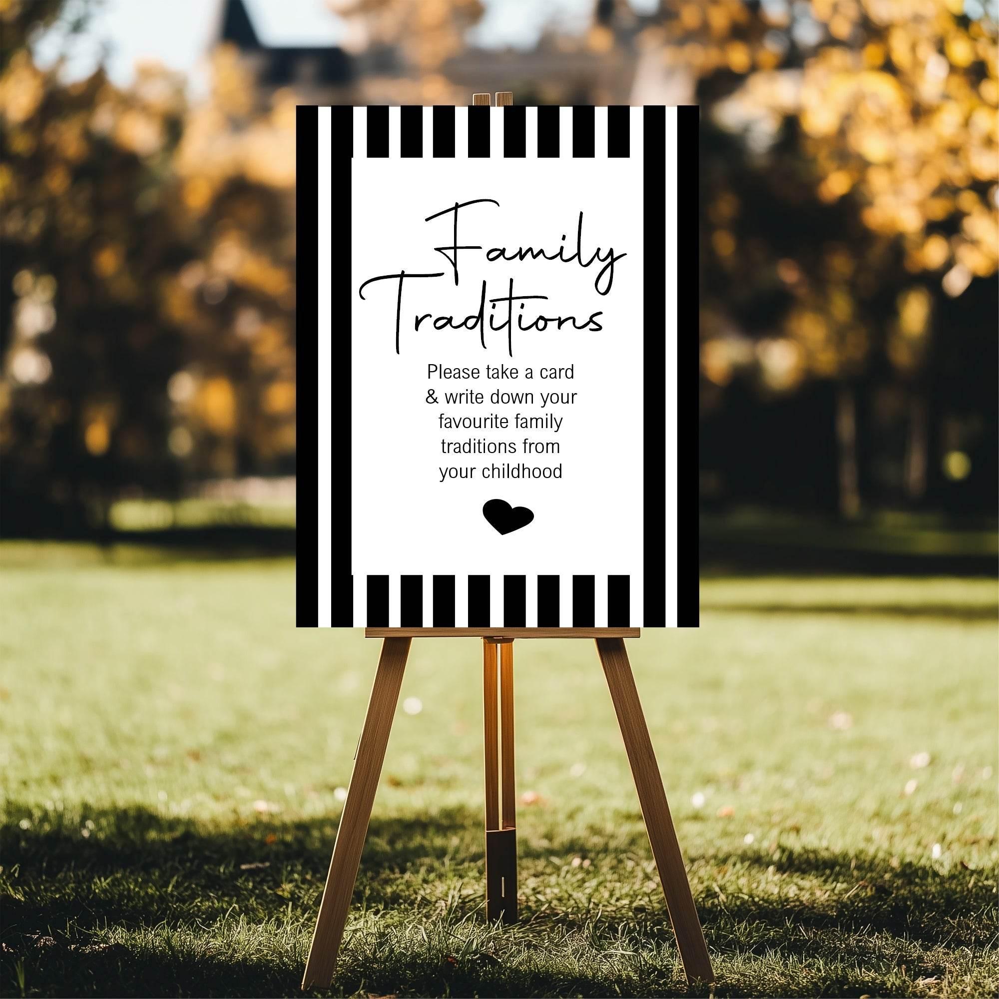 Black and White Stripe Family Traditions Baby Shower Party Sign - Larosier Prints