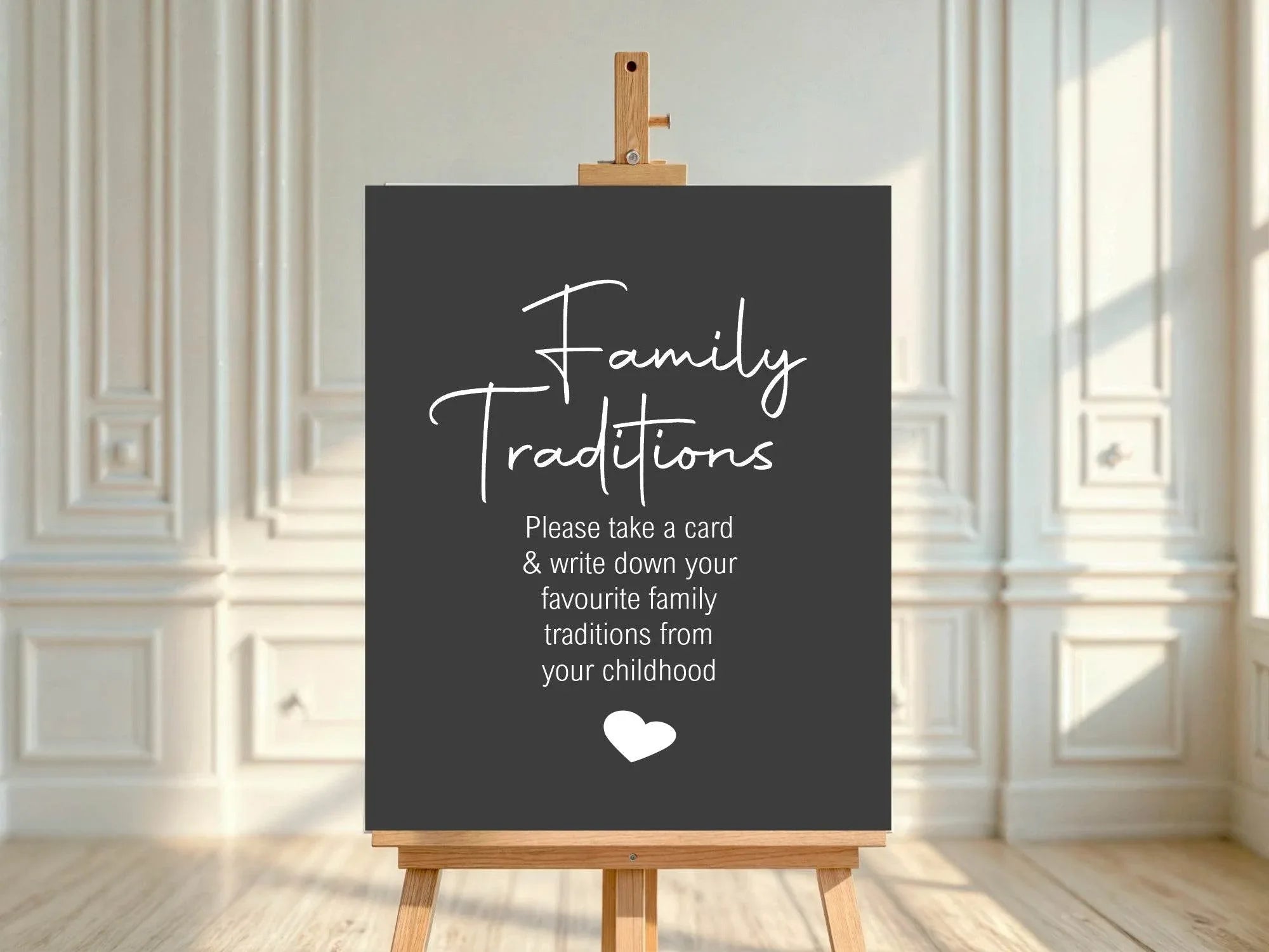 Minimalist Noir Family Traditions Baby Shower Party Sign - Larosier Prints