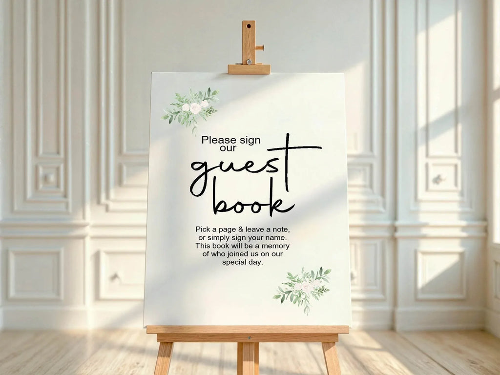 Green & White Rose Guest Book Wedding Party Sign - Larosier Prints
