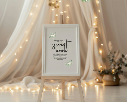 Green & White Rose Guest Book Wedding Sign