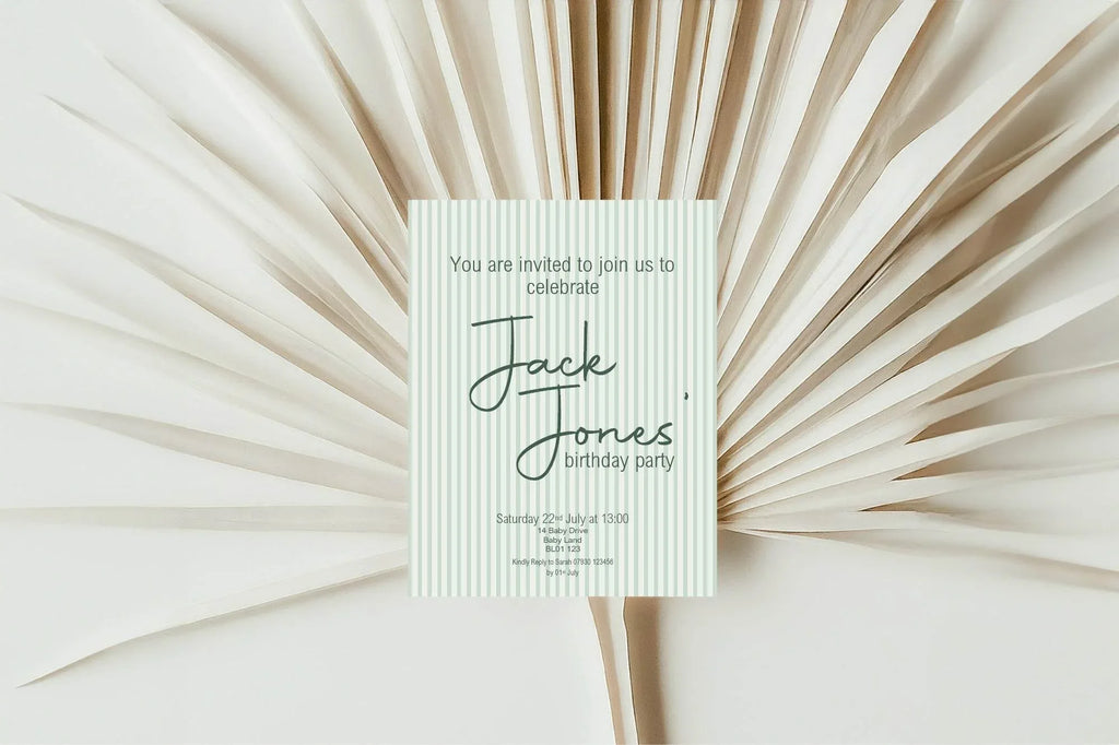 Sage Green Stripe Birthday Party Invitations & Envelopes | Pack of 10 - Larosier Prints
