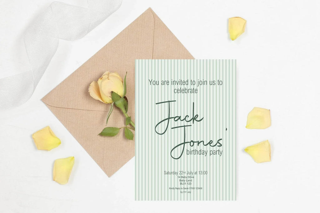 Sage Green Stripe Birthday Party Invitations & Envelopes | Pack of 10 - Larosier Prints