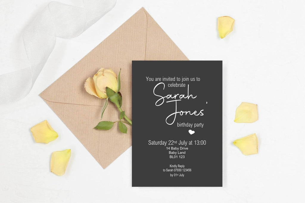 Minimalist Noir Birthday Party Invitations & Envelopes | Pack of 10 - Larosier Prints