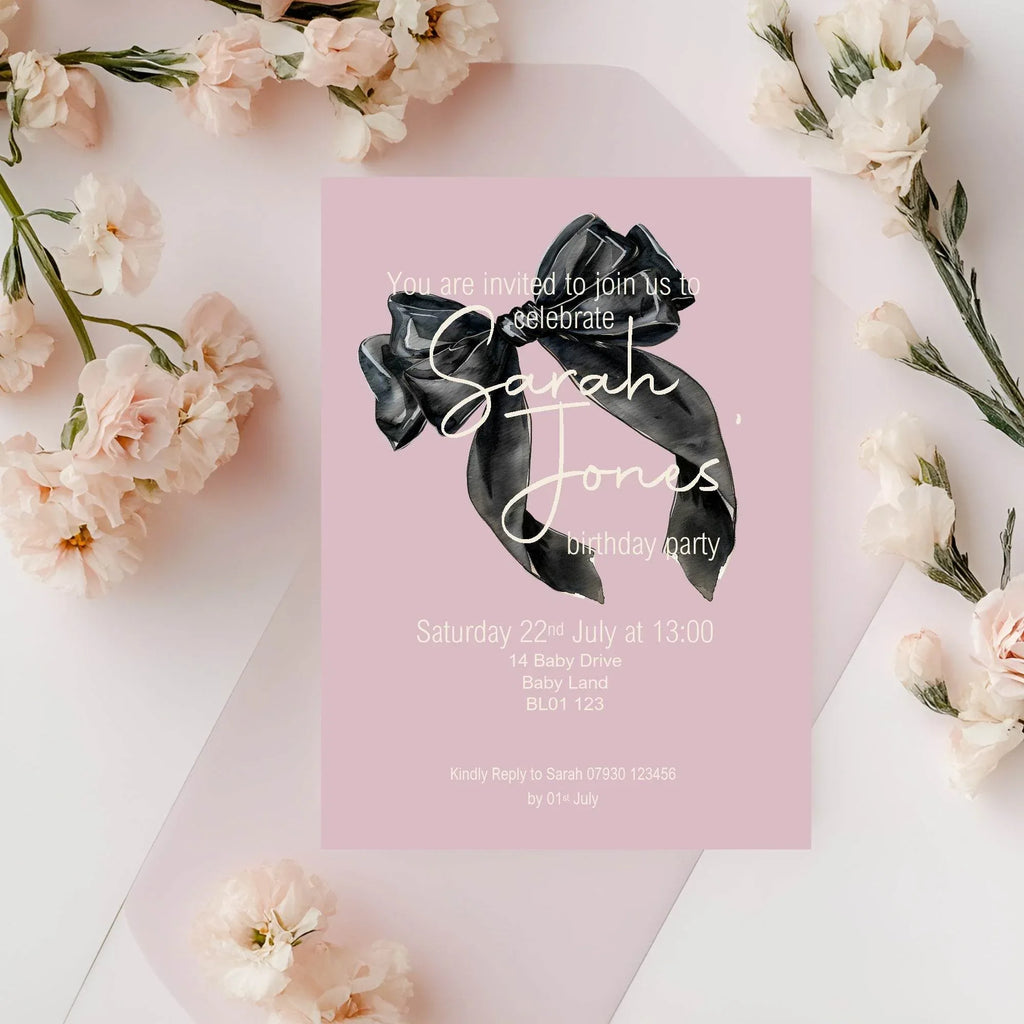Bows Birthday Party Invitations & Envelopes | Pack of 10 | Pink & Black - Larosier Prints