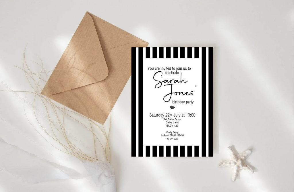 Black & White Stripe Birthday Party Invitations & Envelopes | Pack of 10 - Larosier Prints