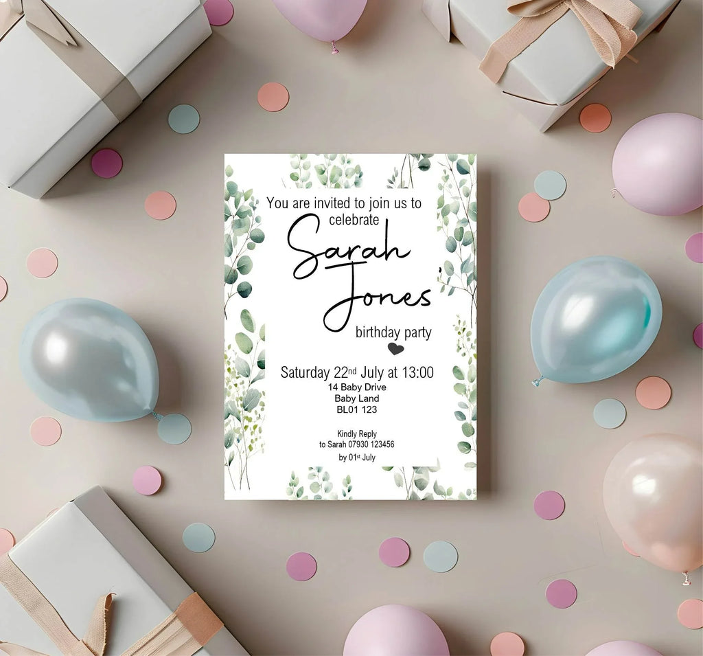 Eucalyptus Birthday Party Invitations & Envelopes | Pack of 10 - Larosier Prints