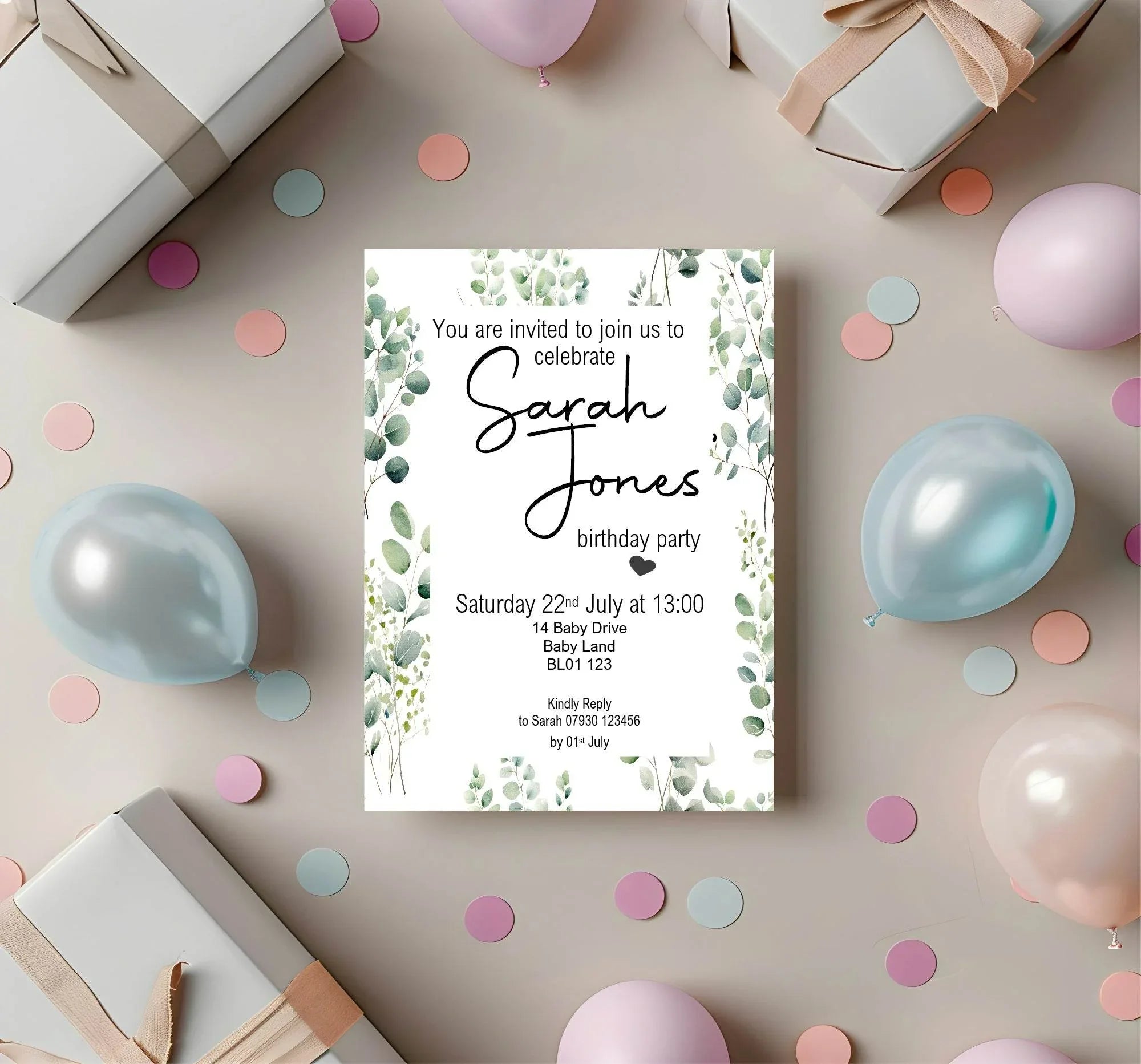 Eucalyptus Birthday Party Invitations & Envelopes | Pack of 10 - Larosier Prints