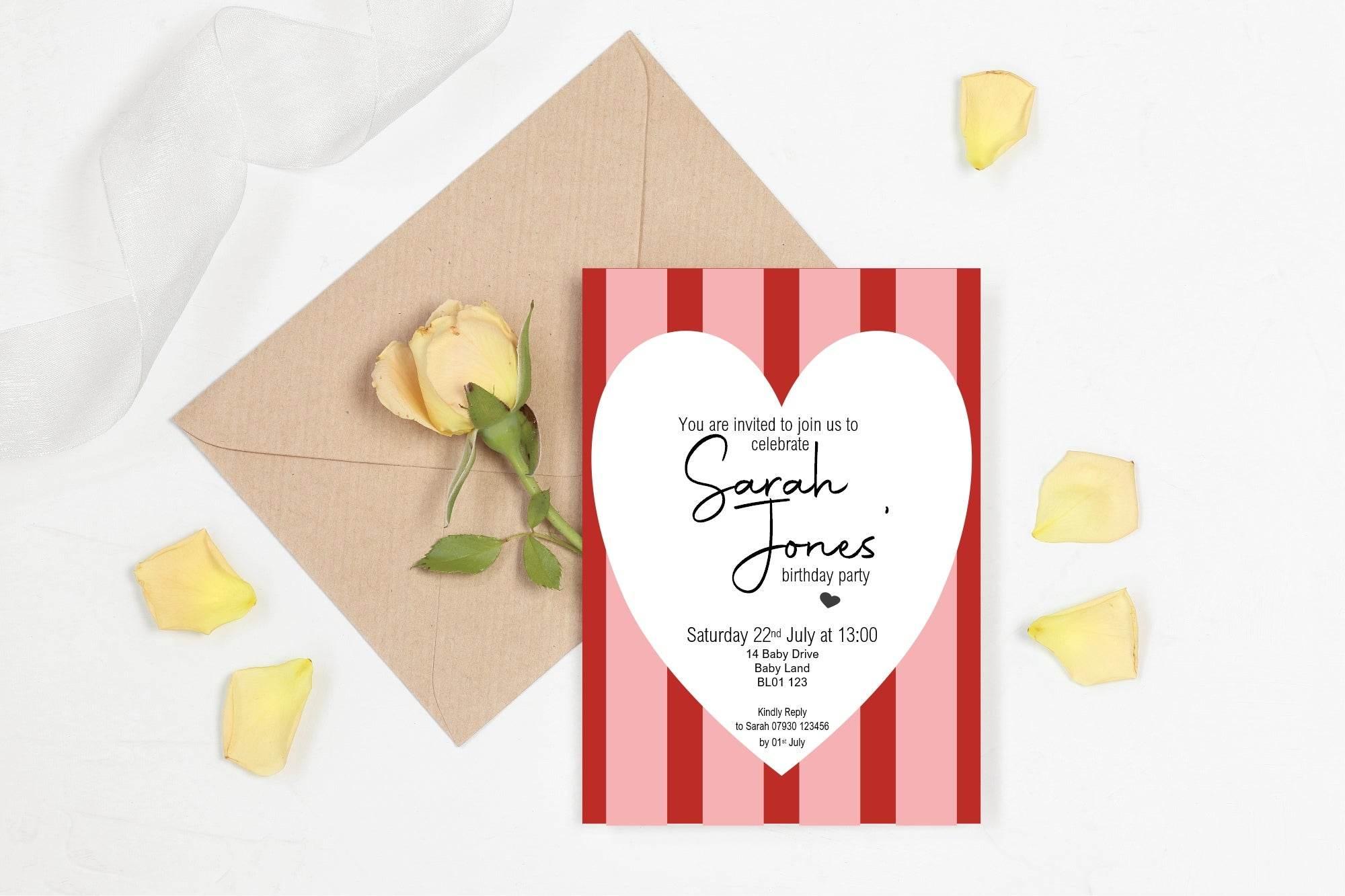 Red & Pink Birthday Party Invitations & Envelopes | Pack of 10 - Larosier Prints