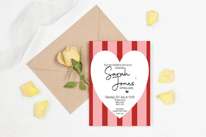 Red & Pink Birthday Party Invitations & Envelopes | Pack of 10