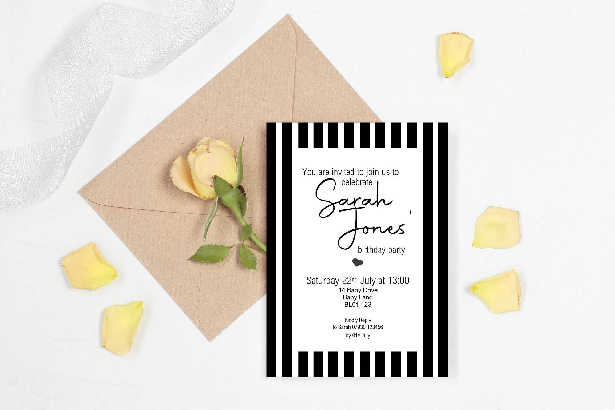 Black & White Stripe Birthday Party Invitations & Envelopes | Pack of 10 - Larosier Prints