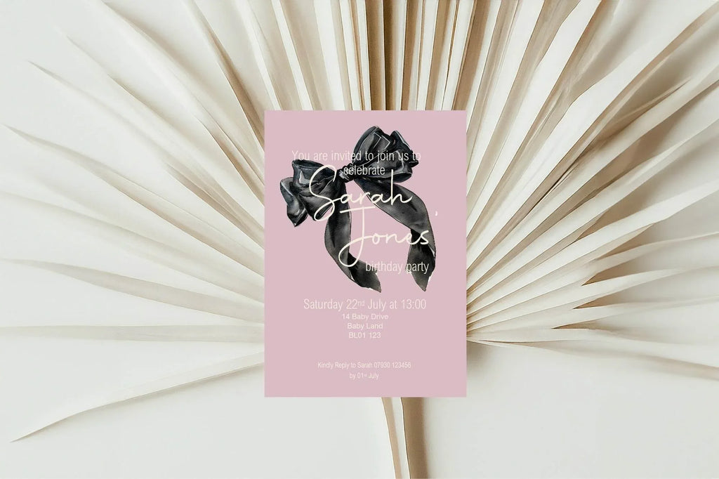 Bows Birthday Party Invitations & Envelopes | Pack of 10 | Pink & Black - Larosier Prints
