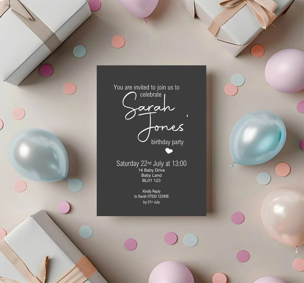 Minimalist Noir Birthday Party Invitations & Envelopes | Pack of 10 - Larosier Prints