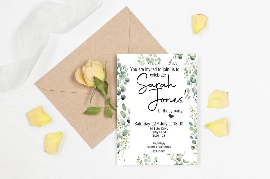 Eucalyptus Birthday Party Invitations & Envelopes | Pack of 10 - Larosier Prints