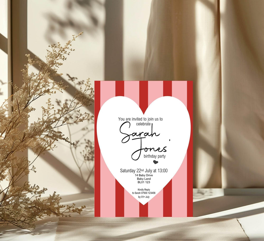 Red & Pink Birthday Party Invitations & Envelopes | Pack of 10 - Larosier Prints